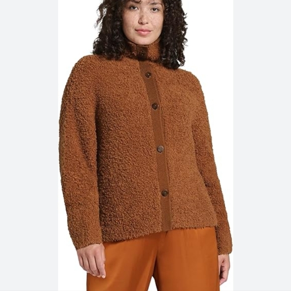 UGG W Aluara Cloudfluff Sweater Cozy Brown Sherpa Button Up Mock Neck Size L